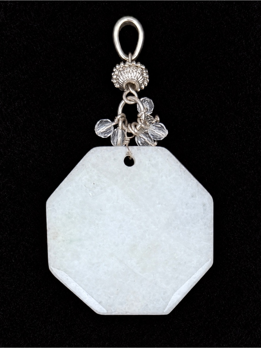 Large White Faceted Octagon Pendant Clear Bead Accents Silver Tone